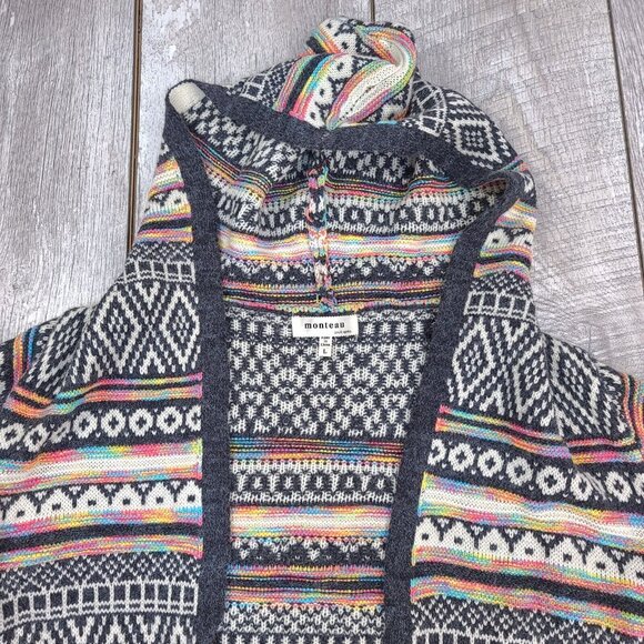 Monteau Womens Intarsia Size Large Cardigan Open Front Hooded Duster - Picture 4 of 6